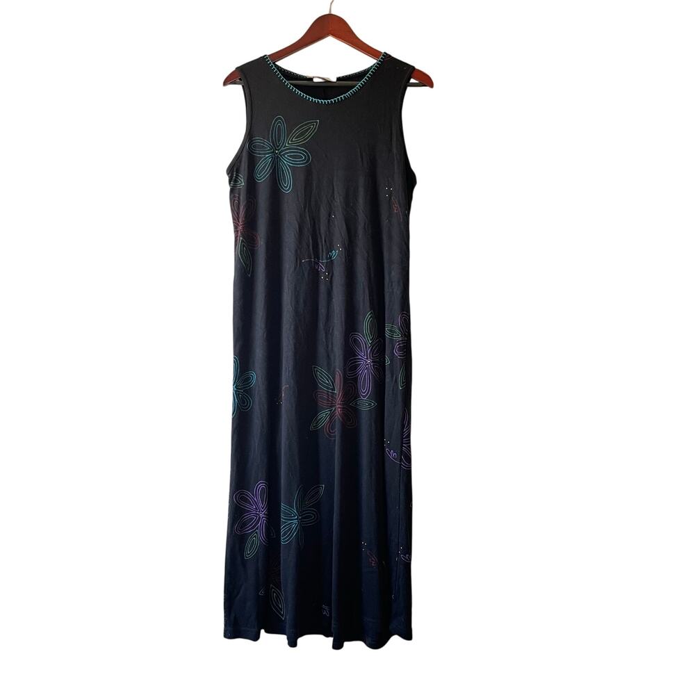 Vintage black‎ floral 90s knit stretch midi dress size large